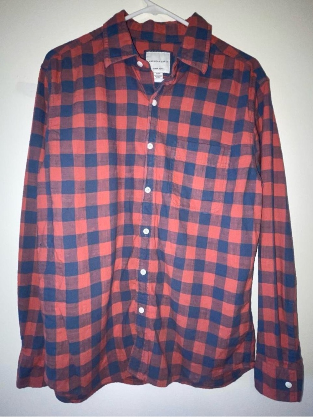 American Eagle Outfitters Navy and Red Plaid Button-Down Shirt